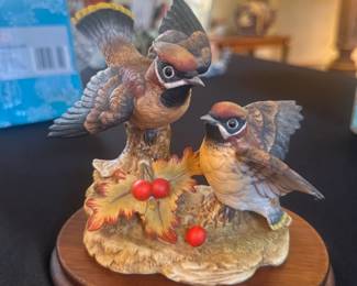 vintage porcelain figurine of two Cedar Waxwing birds by Andra by Sadek