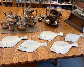 Set of 5 White Pottery Fishes Signed by Artist York