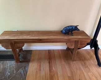 Solid Wood Carved Bench, Cast Iron Piggy Bank

