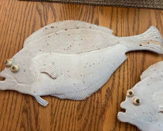Set of 5 White Pottery Fishes Signed by Artist York