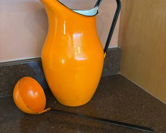 Poland Orange Enamelware Pitcher, Poland Orange Enamelware Ladle
