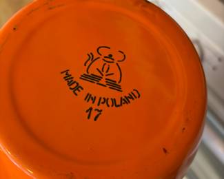 Poland Orange Enamelware Pitcher, Poland Orange Enamelware Ladle