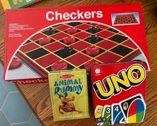 Pressman Checkers Board Game, Melissa & Doug Animal Rummy Playing Cards, Mattel Games Uno Card Game
