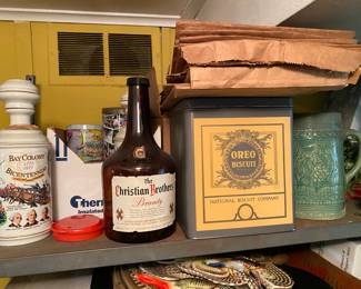 Commemorative bottles, tins and crocks.