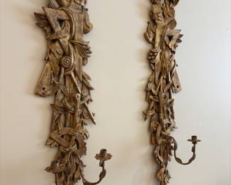 Pair Italian Gilded Carved Wooden Candle Sconces
