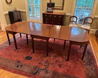 Incredible Antique English Mahogany Banquet Dining Table | Dimensions 65"x45", includes two leaves 22.5" each, Length fully extended 110.5"
