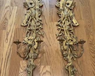 Pair Italian Gilded Carved Wooden Candle Sconces