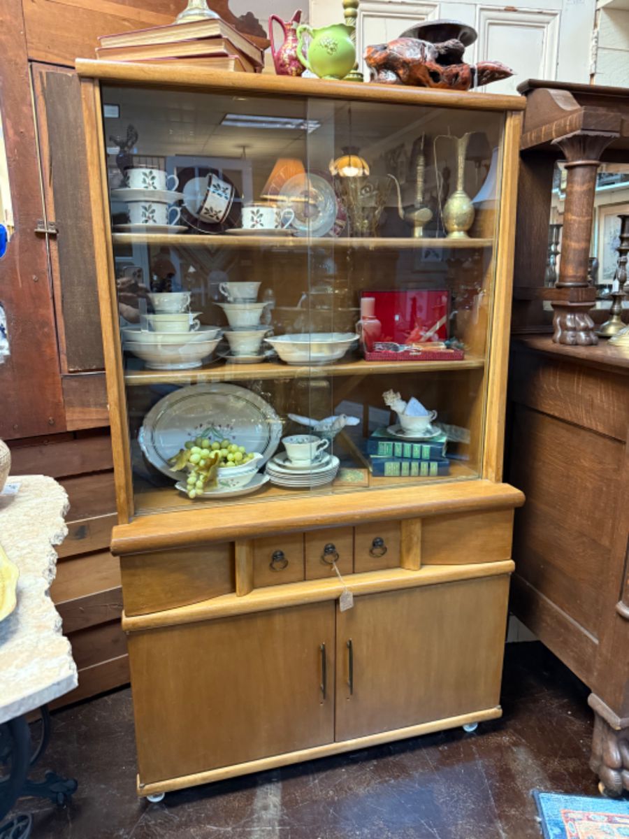 Koehler MCM Hutch, cups and saucers, books for decor, candlesticks