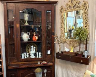 Corner furniture hutch, beautiful mirror, frames, small tables