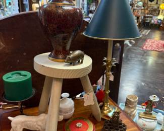 lamps, stools, pottery, dog figurine