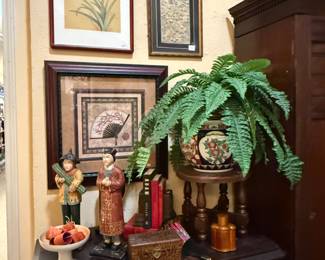 Framed art, Asian collectible figurines, pots and furniture