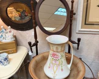 Wash stand, mirrors, artwork
