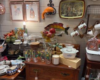 Framed prints, vintage tray, corning ware, furniture