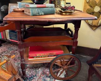Antique Rolling Cart drop leaf table with a removable tray 