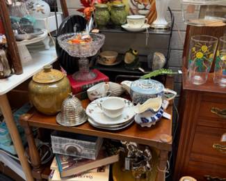 Glassware, pottery, lamps, fish platter and more