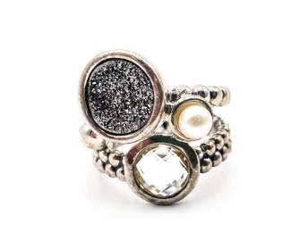 Michael Dawkins 925 Sterling Silver Druzy Quartz, Topaz & Pearl Ring