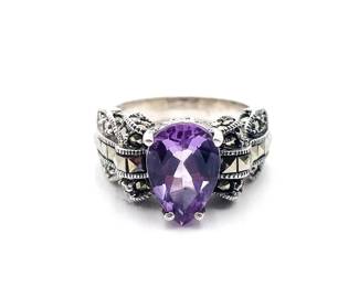 Judith Jack Sterling Silver Amethyst Marcasite Ring