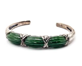 Vintage Sterling Silver Cuff Bracelet w/ Carved Green Jade