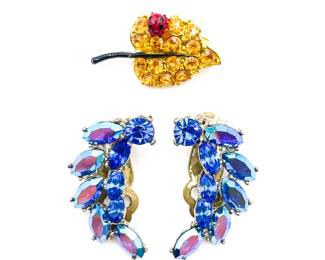 Blue AB Rhinestone Clip Earrings & Yellow Leaf Ladybug Brooch