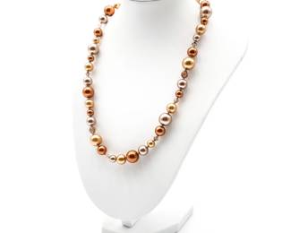 Vintage Faux Rose Gold Copper & Crystal Pearl Necklace