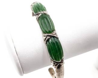 Vintage Sterling Silver Cuff Bracelet w/ Carved Green Jade