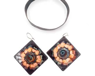 Vintage Modernist Copper Enamel Jewelry Set Earrings & Bracelet