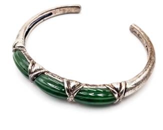 Vintage Sterling Silver Cuff Bracelet w/ Carved Green Jade