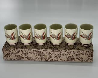 6 Vintage Japanese Porcelain Sake Cups w/ Crane Design