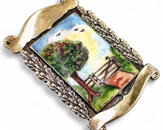 Vintage Hand-Painted Enamel Brooch w/ Silver Mount