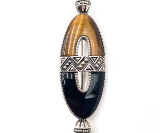 Vintage Art Deco Style Sterling Silver Onyx Tiger Eye Brooch
