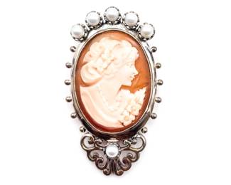 SLSR Sterling Silver Shell Cameo Brooch Pendant