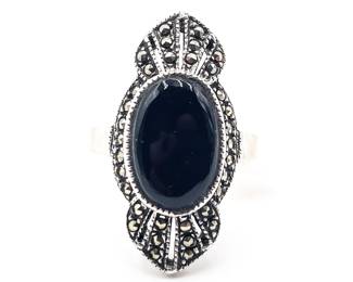 Sterling 925 Ring w/ Black Onyx & Marcasite Accents