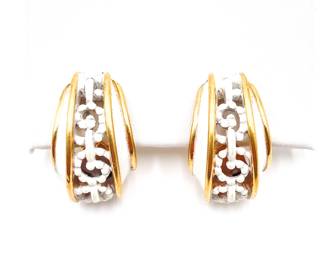 Vintage Gold Tone & White Enamel Filigree Monet Clip-On Earrings