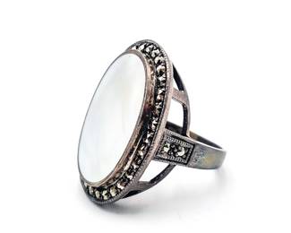 Art Deco Sterling Silver Mother of Pearl Marcasite Ring