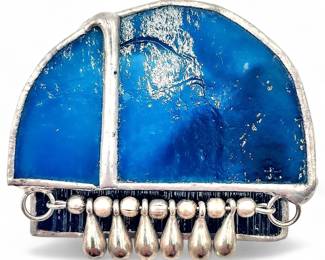 Silver & Blue Enamel Brooch w/ Drop Accents