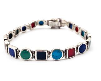 Vintage Multi Gemstone Inlay Sterling Silver Bracelet