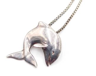 Vintage Sterling Silver Dolphin Pendant Necklace, 9"