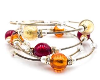 Bypass Bracelet w/ Amber, Ruby Red Glass, Rhinestones