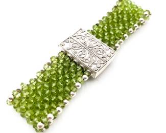 Green Beaded Bracelet w/ Silver-Tone Clasp, 7.5"