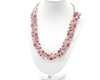 Floral-Themed Pink Enamel Necklace w/ Metal Chain