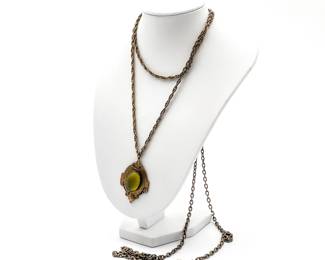 Vintage Olive Green Stone Silver Brass Necklace