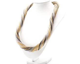 Tri-Tone Braided Mesh Necklace in Silver, Gold, & Gray