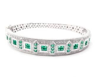 Emerald & Diamond 925 Sterling Silver Bangle Bracelet