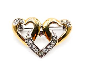 Vintage Gold-Tone & Rhinestone Hearts Pin Brooch