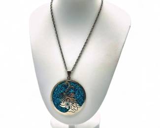 Aztec Silver Pendant Necklace w/ Blue Inlay