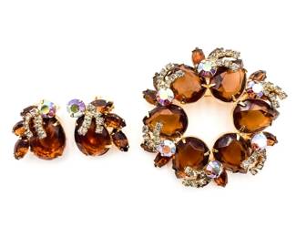 Vintage Amber Rhinestone Brooch & Clip Earring Set