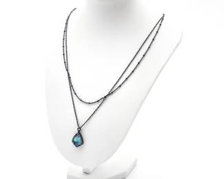 Vintage Gunmetal Double Chain Necklace w/ Dichroic Glass Pendant