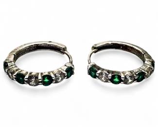 Sterling Silver Emerald Cubic Zirconia Hoop Earrings