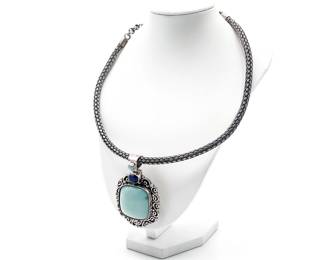 Sterling Silver Necklace w/ Larimar, Lapis Lazuli & Detailed Pendant