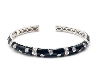 Sterling Silver Bangle Bracelet w/ Black Enamel & Rhinestones